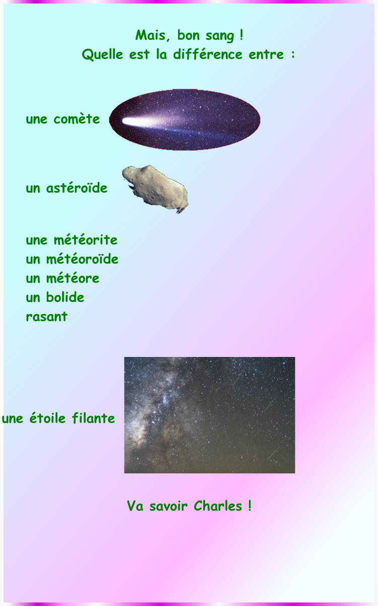 Mais, bon sang ! Quelle est la différence entre :      une comète      un astéroïde       une météorite     un météoroïde     un météore     un bolide      rasant   une étoile filante   Va savoir Charles !