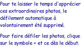 Pour te laisser le temps d'apprécier ces extraordinaires photos, le défilement automatique à volontairement été supprimé. Pour faire défiler les photos, clique sur le symbole + et ce dès le début.